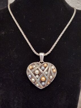 Brighton Cascade Embrace Pearl Heart Necklace 19" Chain Inscription On Back